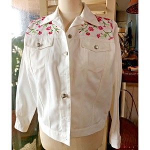 Blaine Trump Embroidered Cotton Jean Denim Jacket Size S White Pink Flowers NWOT